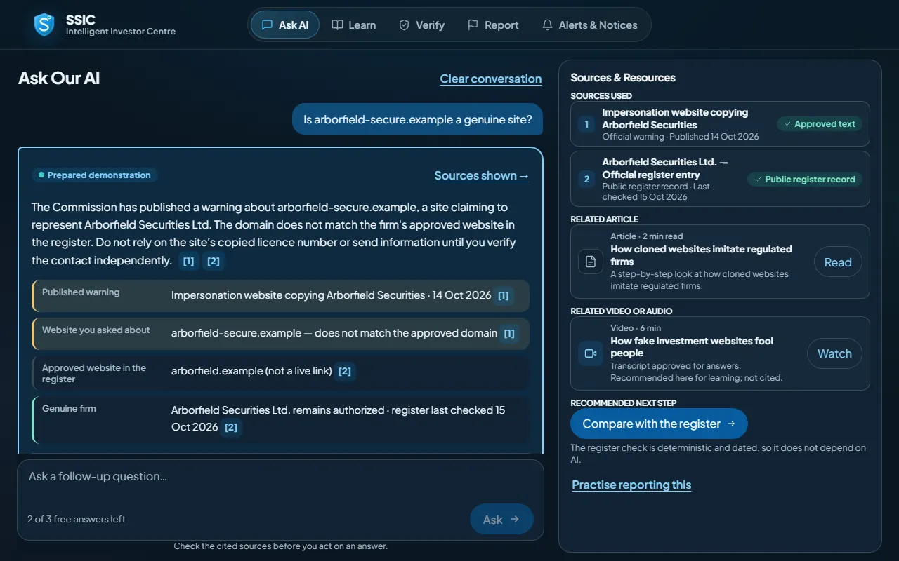Ask AI: an answer about a look-alike website with its cited warning and register entry, related article and video, and a register check as the next step